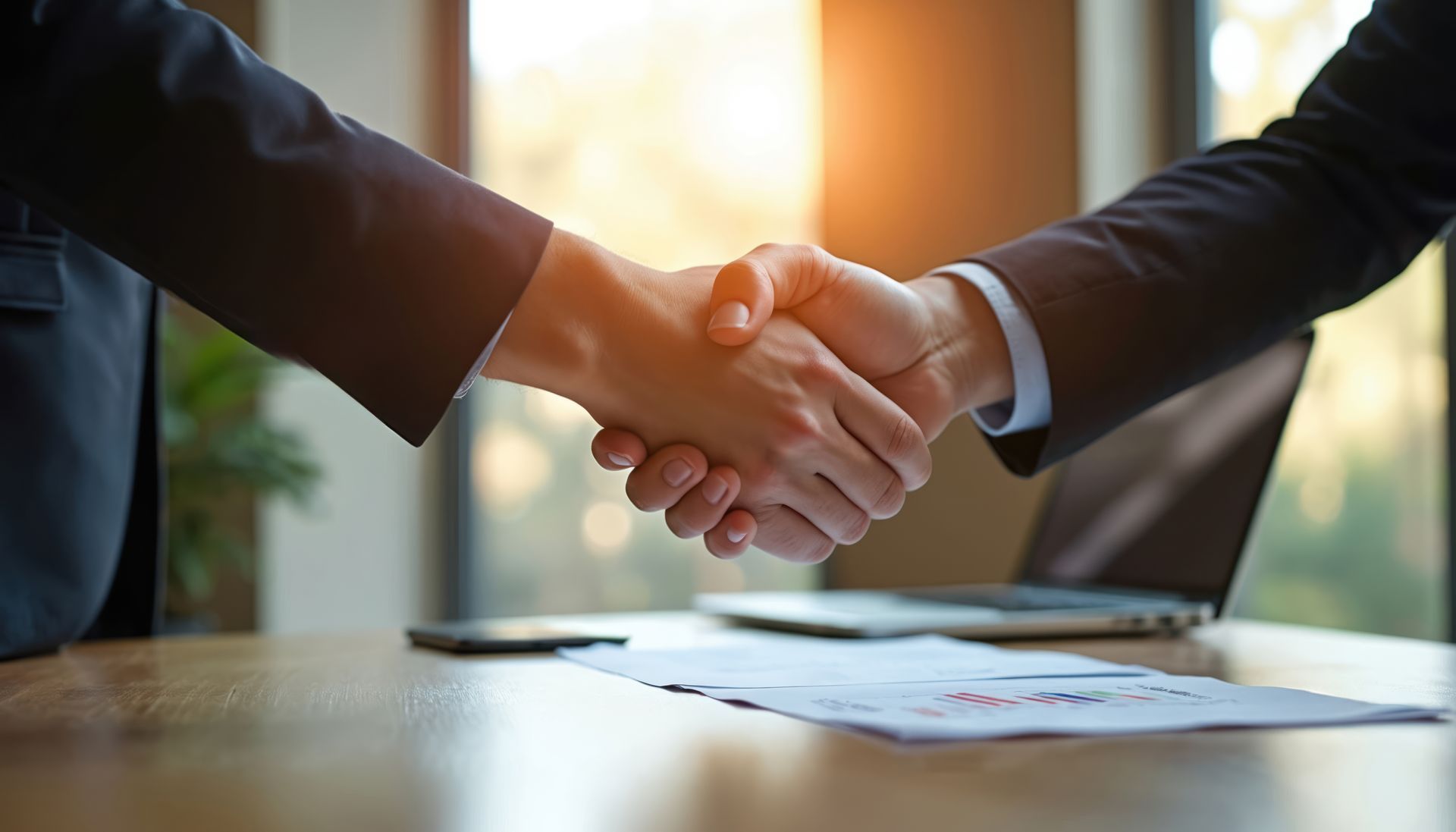 Two professionals in business suits shake hands over a desk with a laptop and documents in a sunlit office. Two professionals in business suits shake hands over a desk with a laptop and documents in a sunlit office.