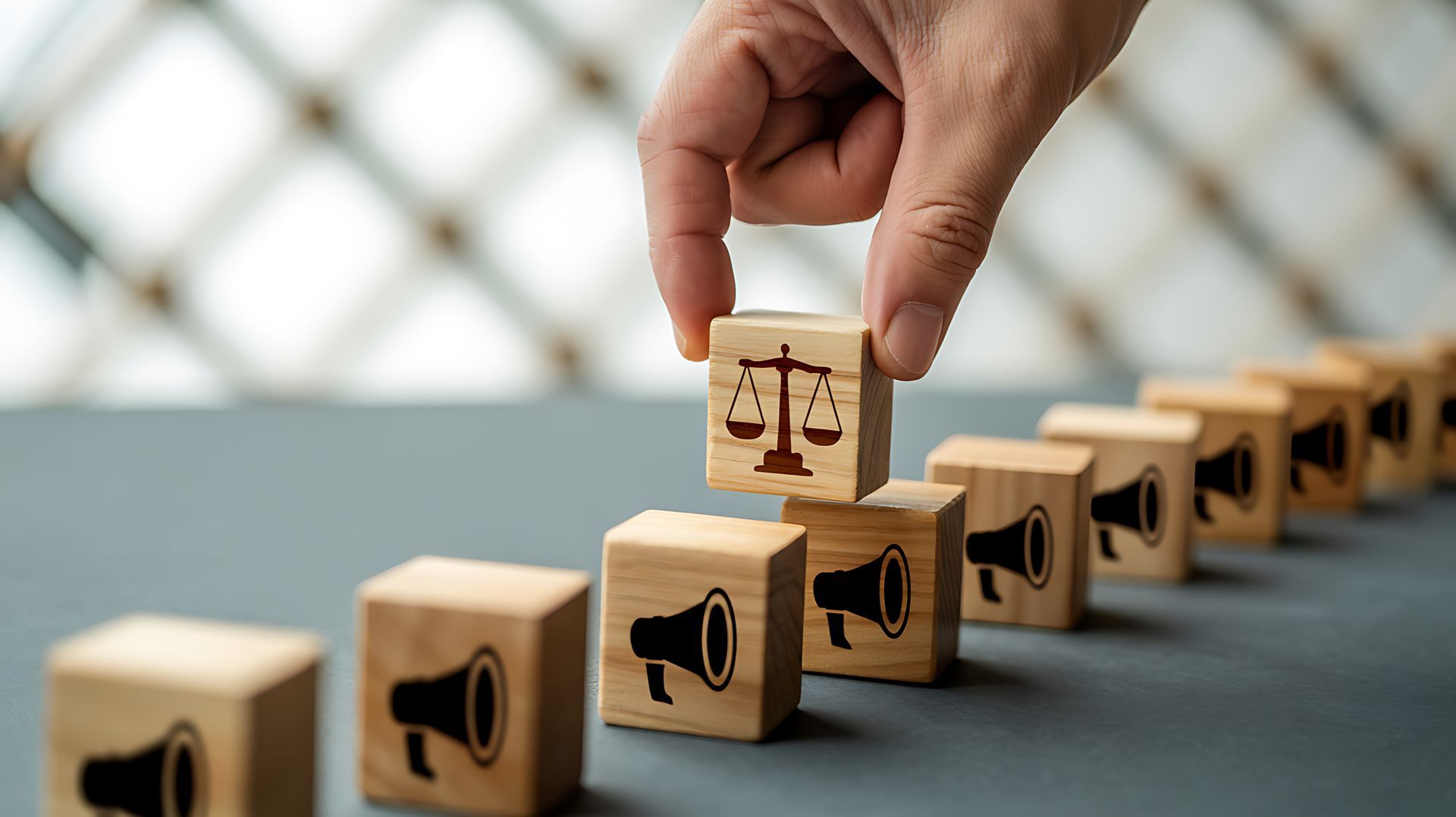 A hand places a wooden block with a scales of justice icon onto a row of blocks featuring megaphone icons. A hand places a wooden block with a scales of justice icon onto a row of blocks featuring megaphone icons.
