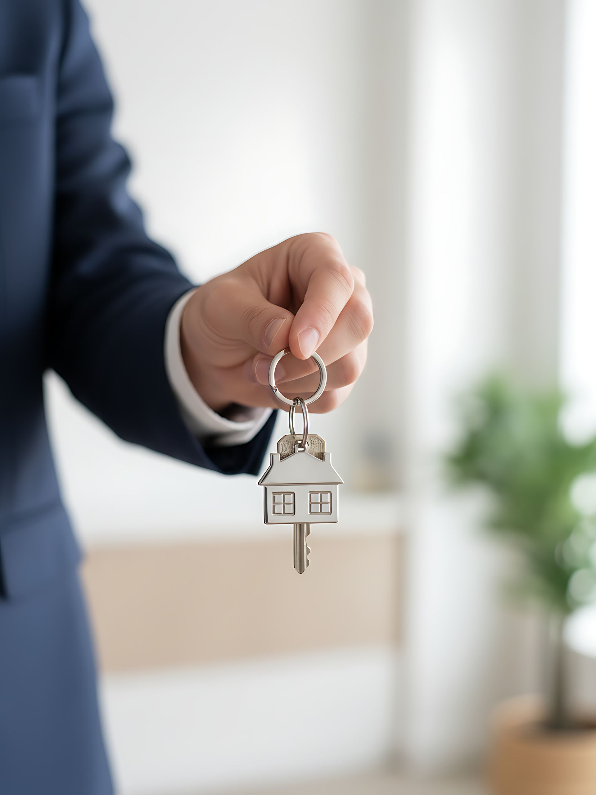 A person in a dark suit holding keys with a small, house-shaped keychain in a bright, blurred office setting.
