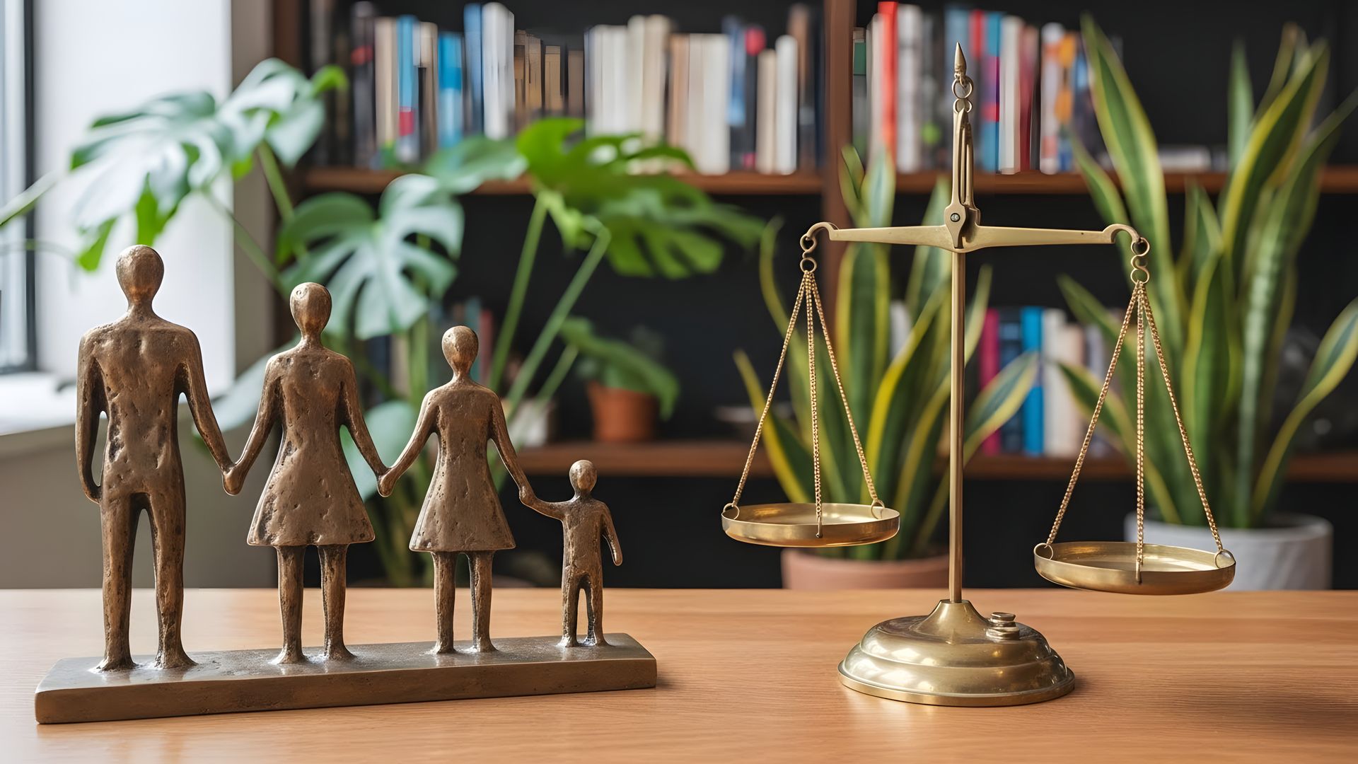 A bronze family figurine and a scale of justice sit on a wooden desk in front of a bookshelf and house plants.