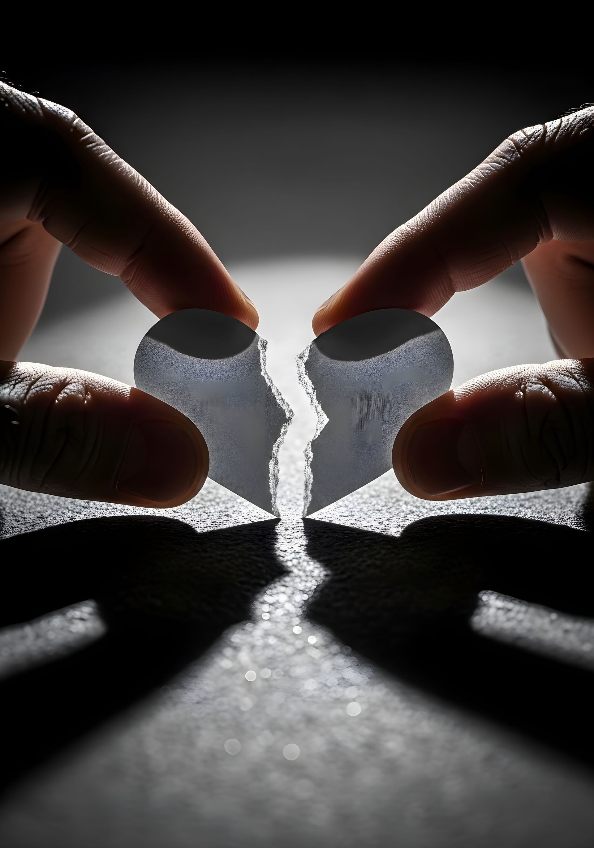 Two hands hold the two halves of a broken heart-shaped object against a dark, textured background. Two hands hold the two halves of a broken heart-shaped object against a dark, textured background.