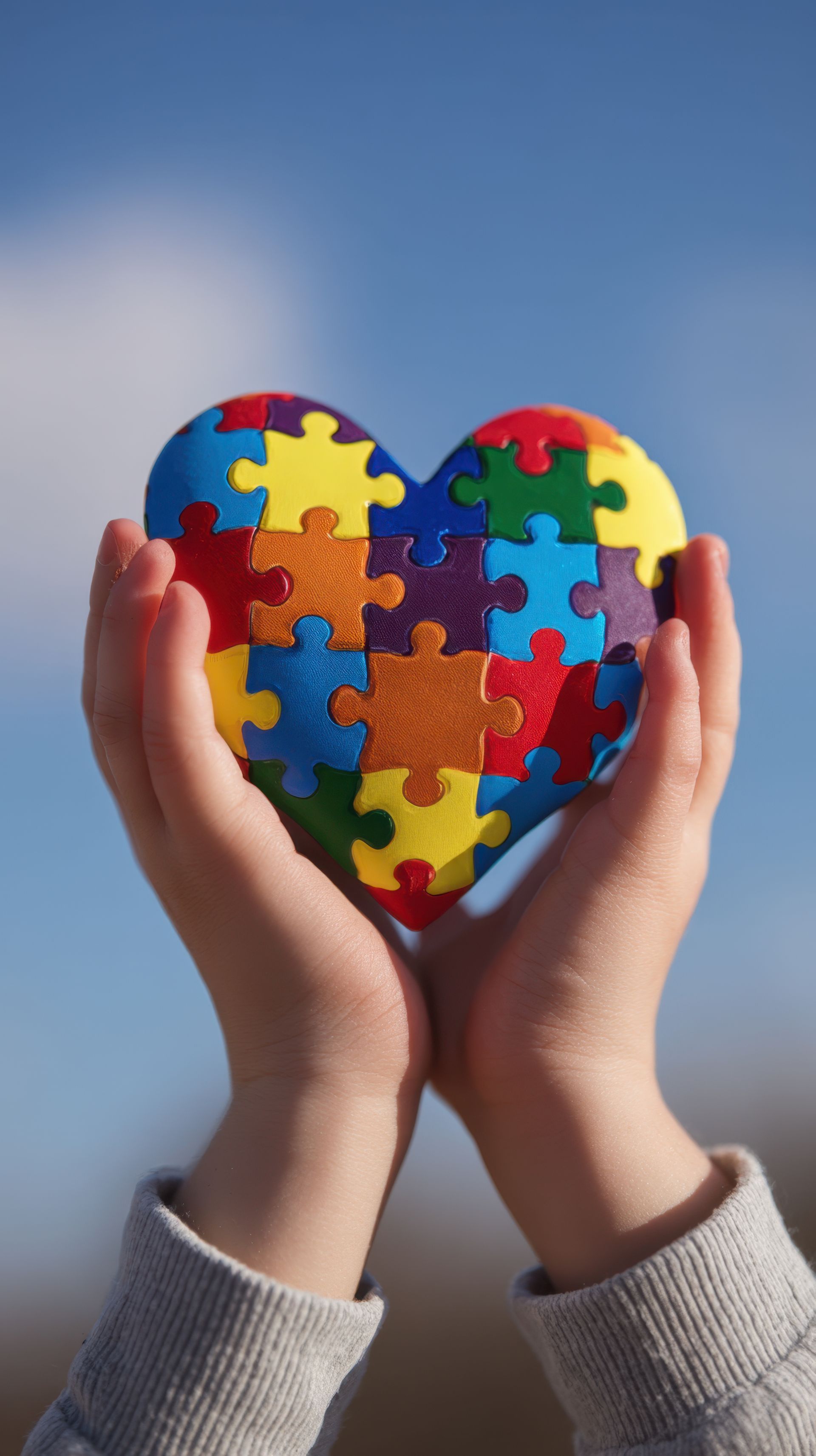 Hands holding a heart made of colorful puzzle pieces against a blue sky background. Hands holding a heart made of colorful puzzle pieces against a blue sky background.