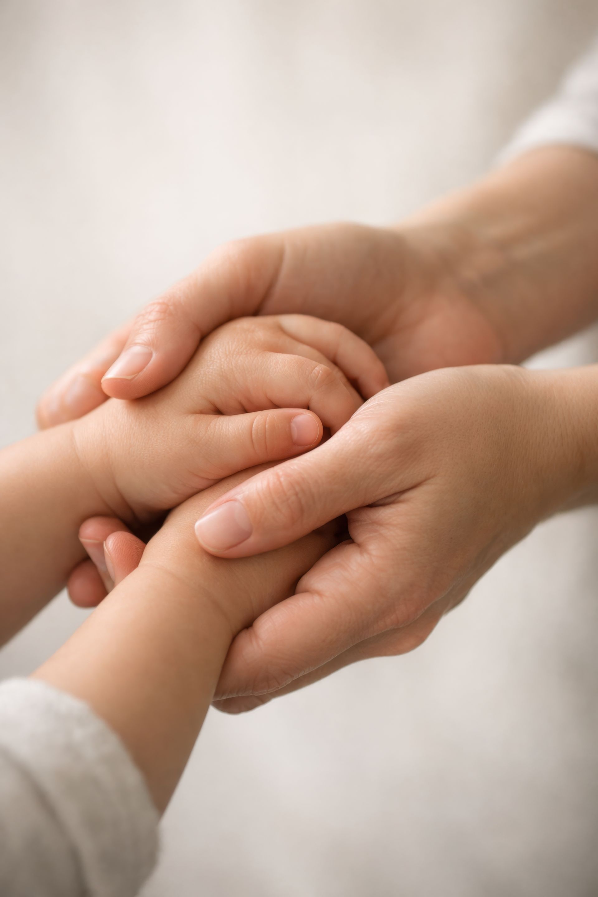 An adult’s hands gently hold a young child’s hands in a gesture of care and comfort. An adult’s hands gently hold a young child’s hands in a gesture of care and comfort.