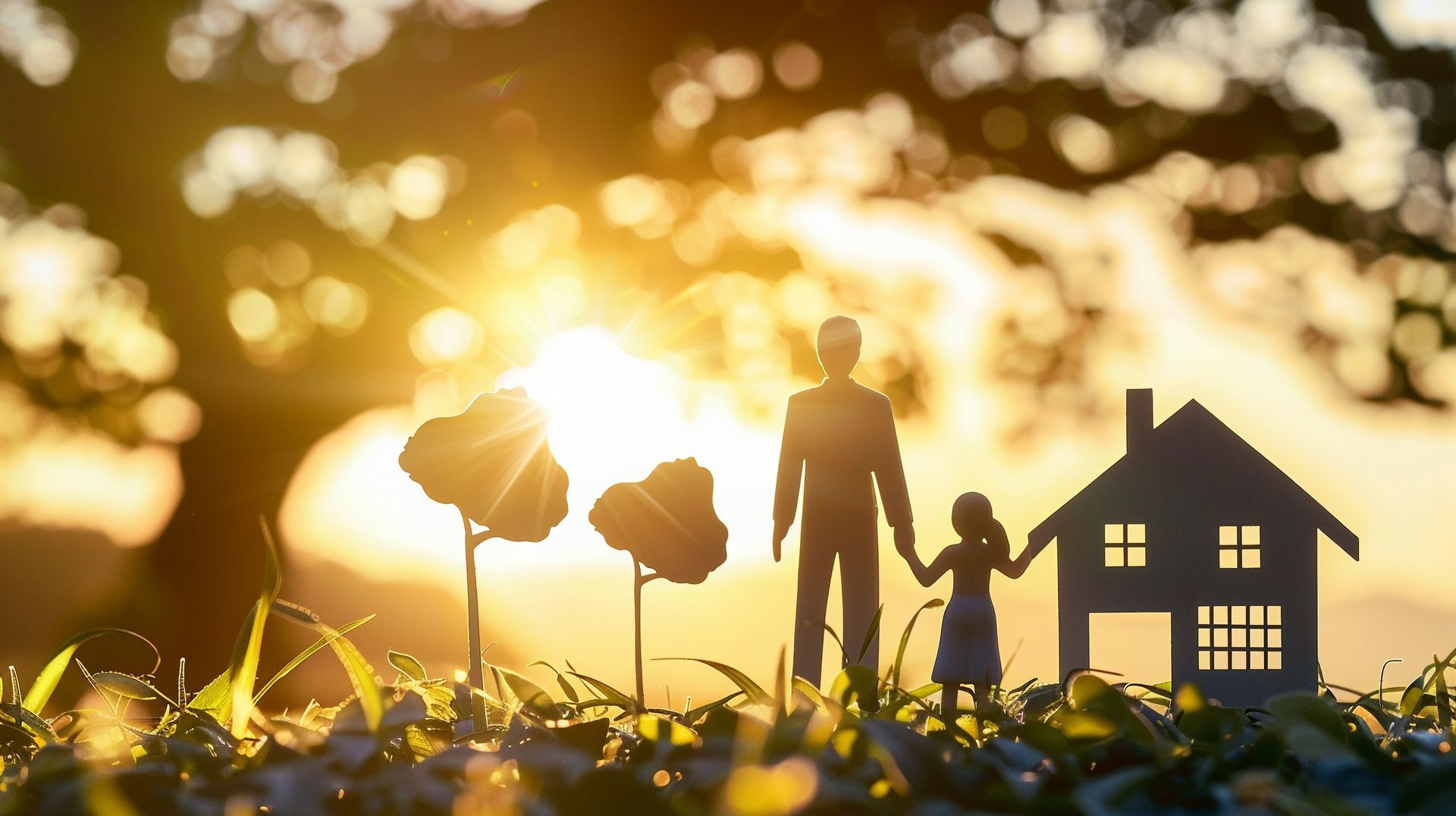 Silhouetted figures of an adult and child standing next to a house cutout in a field at sunset.