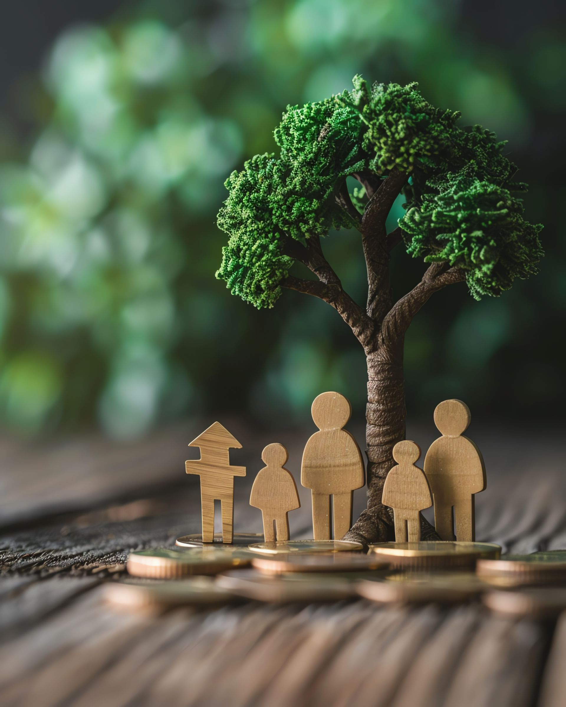 Cardboard cutout figures representing a family stand on a stack of coins in front of a small green tree on a wooden surface.