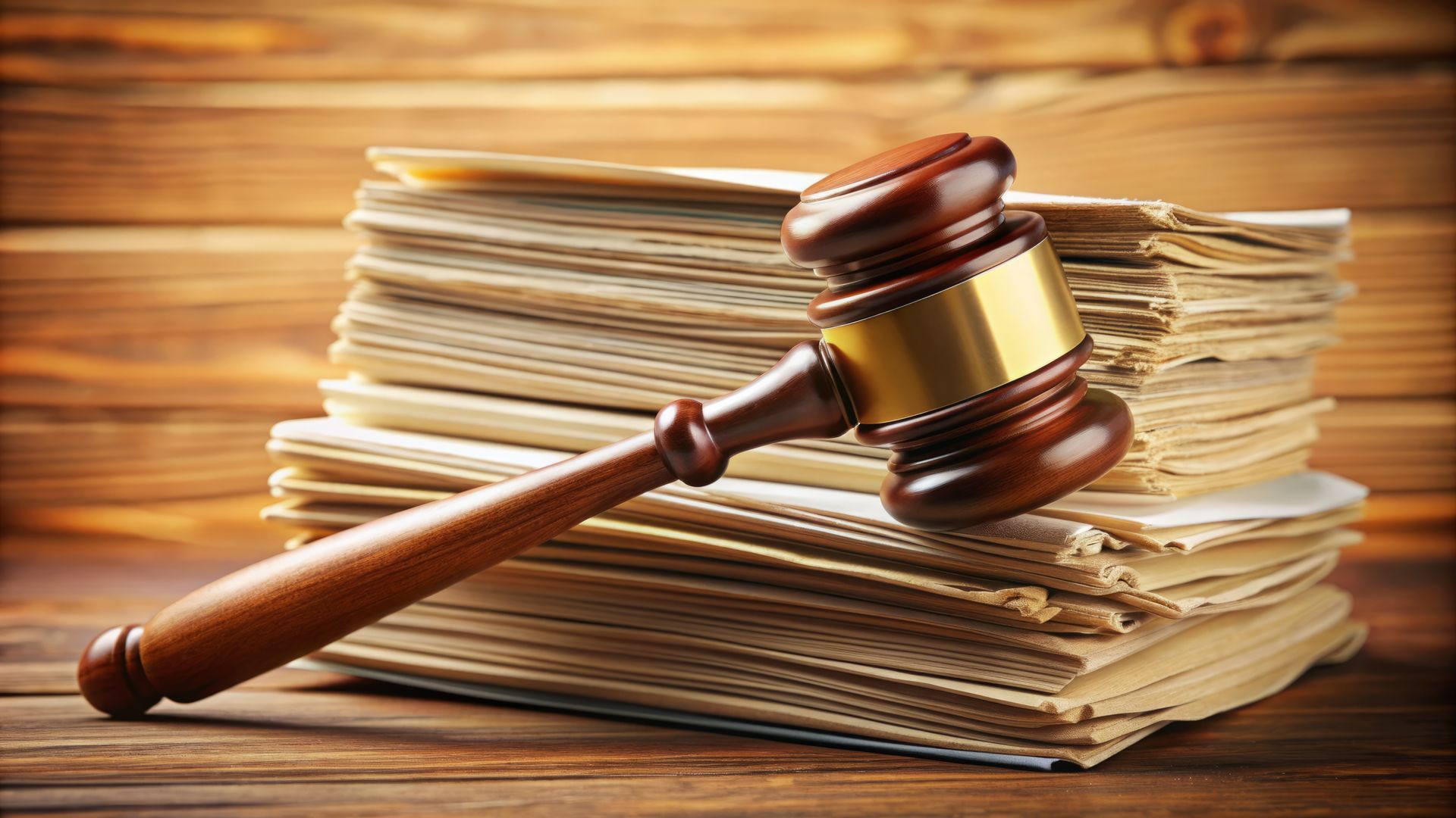 A wooden judge's gavel resting on a thick stack of legal documents against a rustic wood background. A wooden judge's gavel resting on a thick stack of legal documents against a rustic wood background.