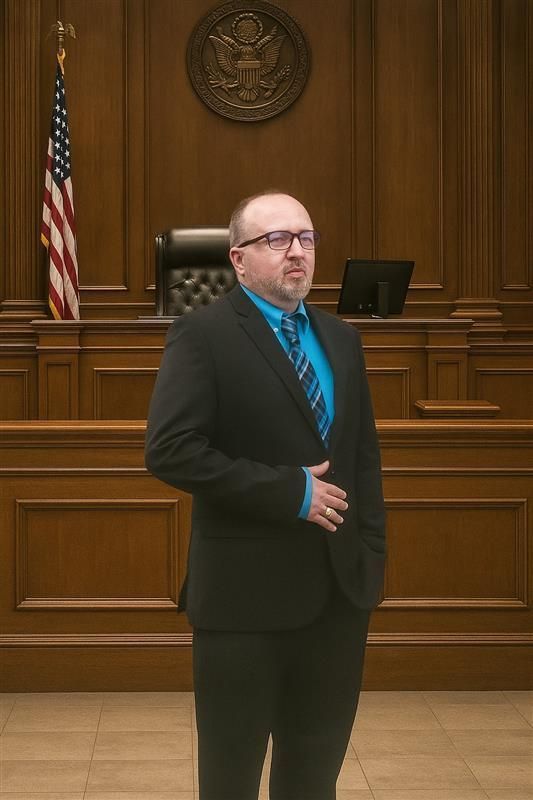A person in a black suit and blue shirt stands in a wood-paneled courtroom with an American flag and seal in the background.