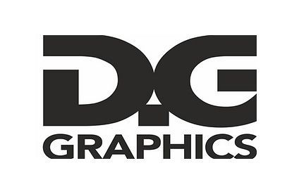 A black and white logo for dg graphics on a white background.