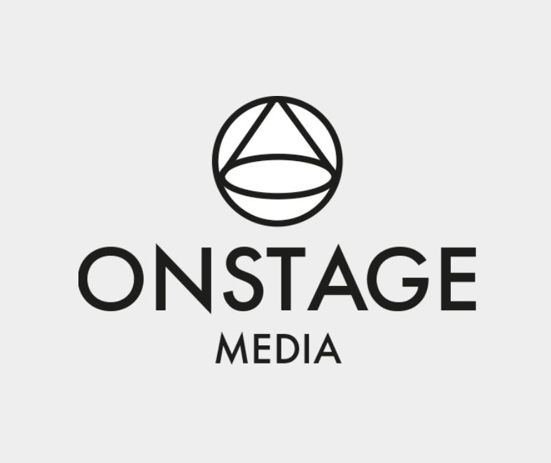 A black and white logo for onstage media
