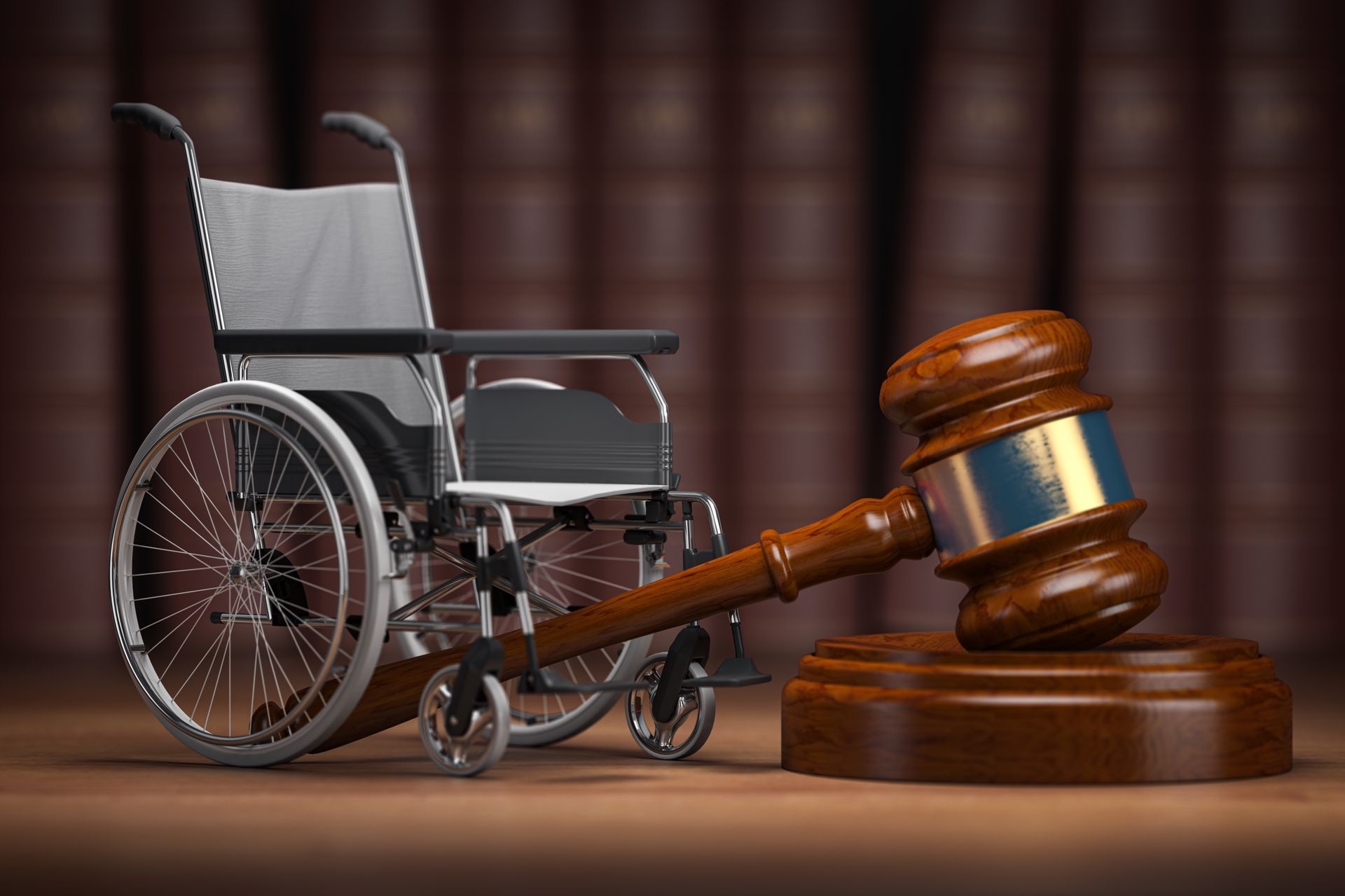 Wheelchair beside a judge’s gavel symbolizing disability rights and legal advocacy.