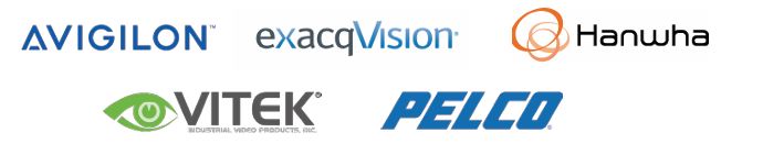 The logos for avigilon vitek hanwha and pelco are shown