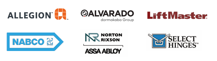 A group of logos for different companies including allegiant alvarez liftmaster and select hinges