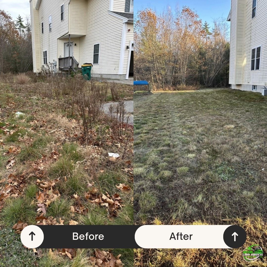 A before and after property cleanup picture of a yard with a house in the background.