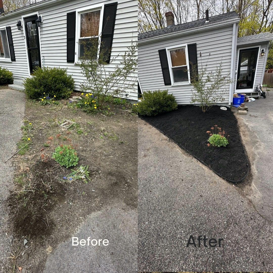 before and after photos of refinished landscape bed