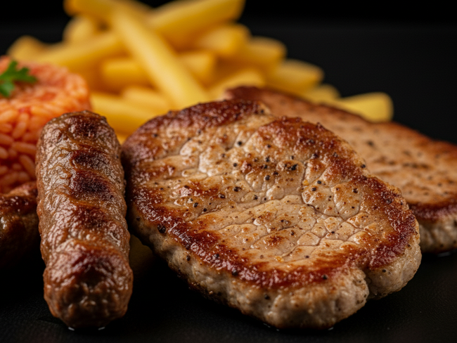 Grillteller mit Schweine- & Putenfleisch, Cevapcici dazu Pommes frites & Djuvec Reis