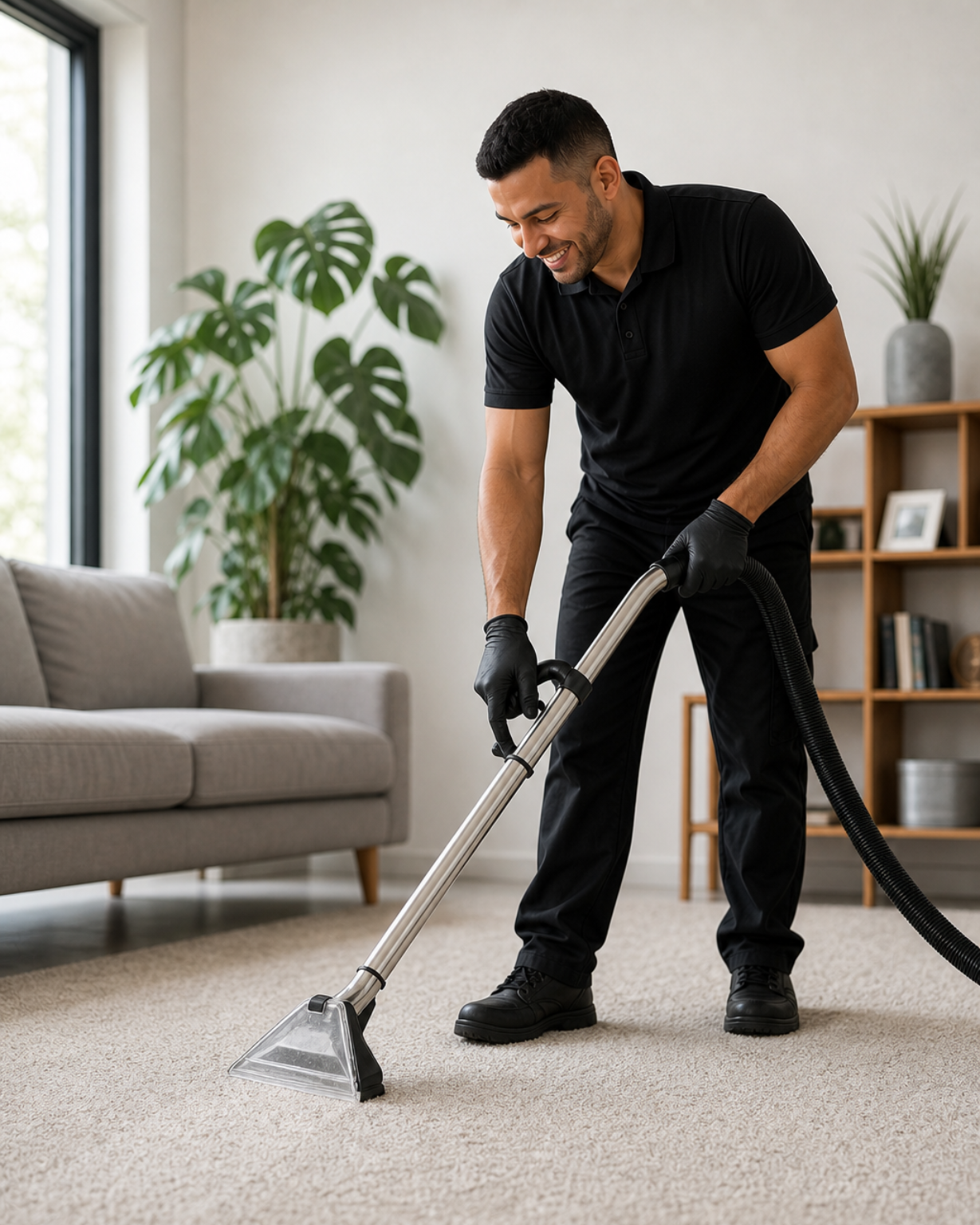 Man vacuuming a light carpet in a bright living room