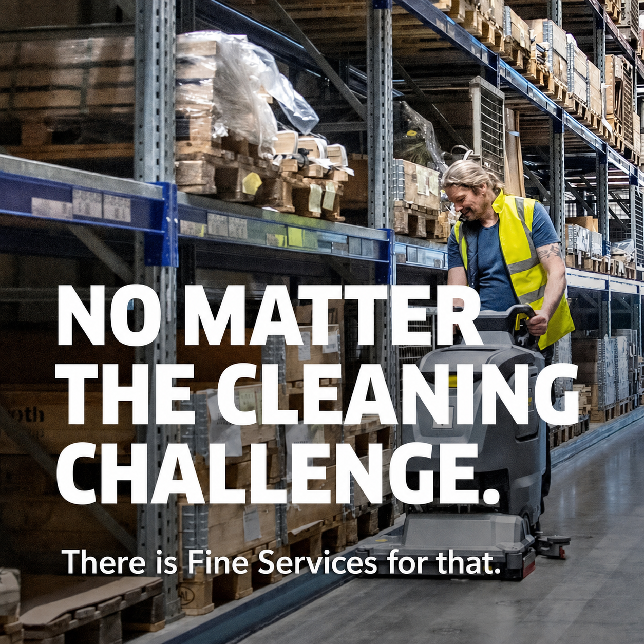 Warehouse cleaner with mop beside shelves, overlaid text: “No matter the cleaning challenge. There is Fine Services for that.”