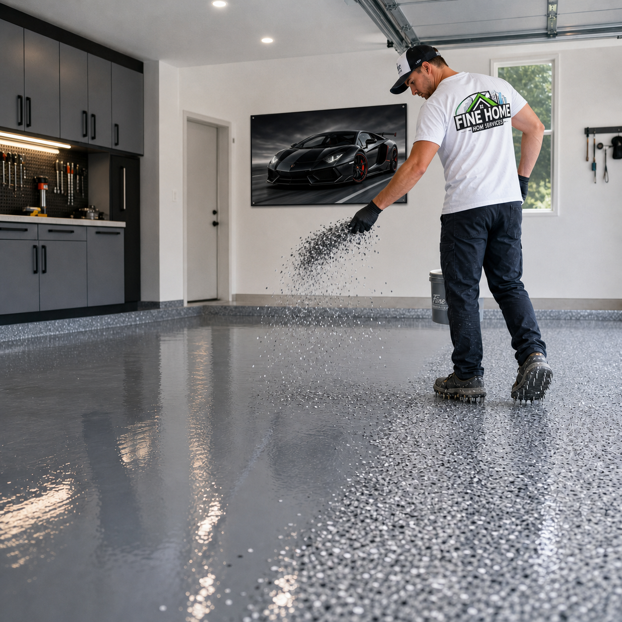 Man spreading epoxy on a glossy garage floor in a modern home garage