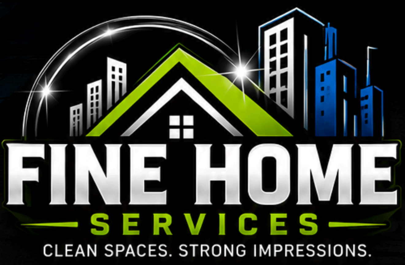 Fine Home Services logo with house and city skyline in white, green, and blue on black background.
