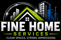 Fine Home Services logo with house and city skyline in white, green, and blue on black background.