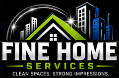 Fine Home Services logo with house and city skyline in white, green, and blue on black background