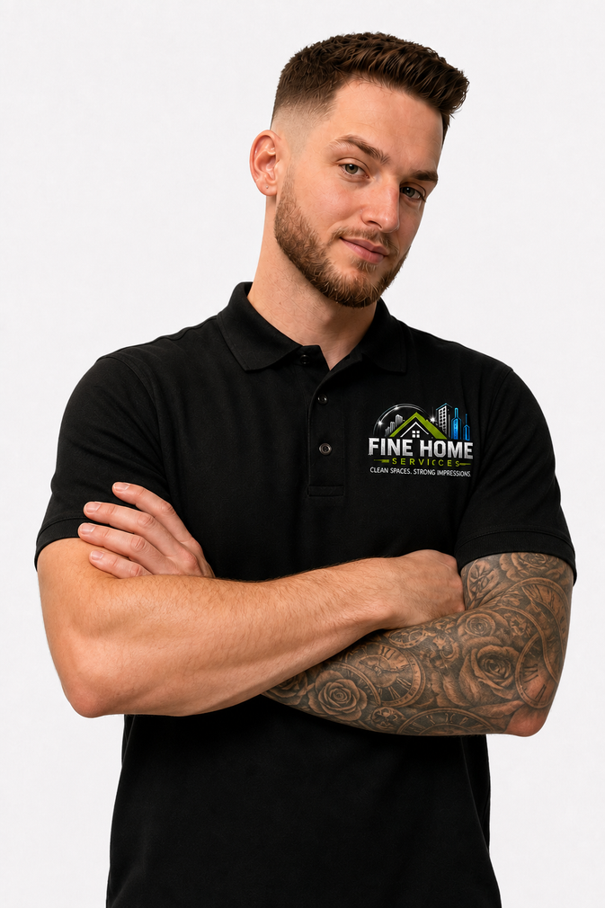 Man in a black polo shirt with arms crossed, standing against a white background