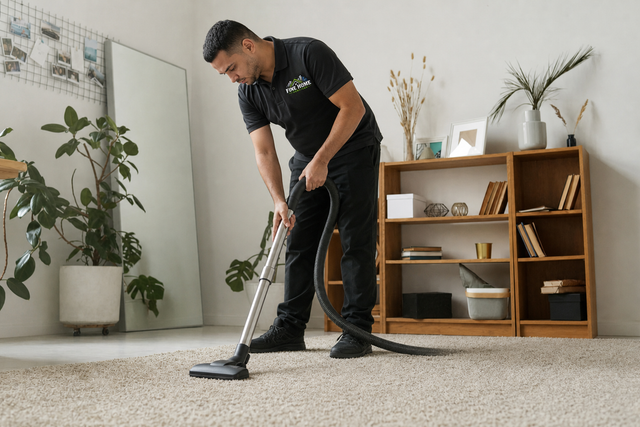 Man vacuuming a beige carpet in a bright living room beside a shelf and potted plant