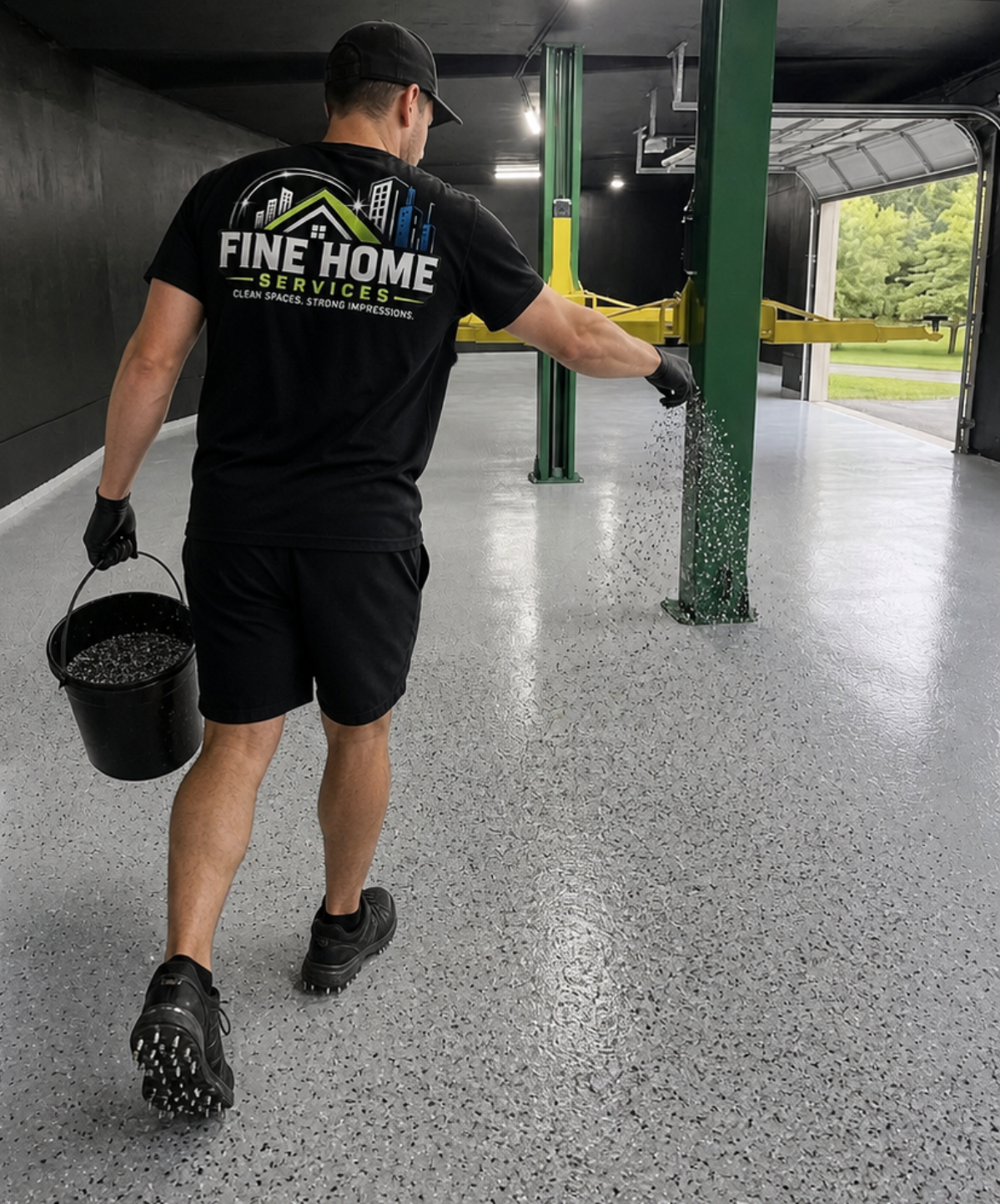 Worker in black uniform cleaning a covered driveway with a bucket and green pressure washer hose