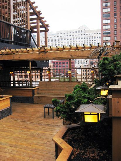 A wooden rooftop deck featuring a pergola, built-in benches, glowing landscape lanterns, and planters against a city view.