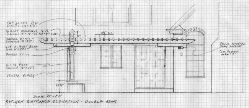 Architectural sketch on grid paper showing a kitchen entrance elevation with a pergola, support beams, and a window.