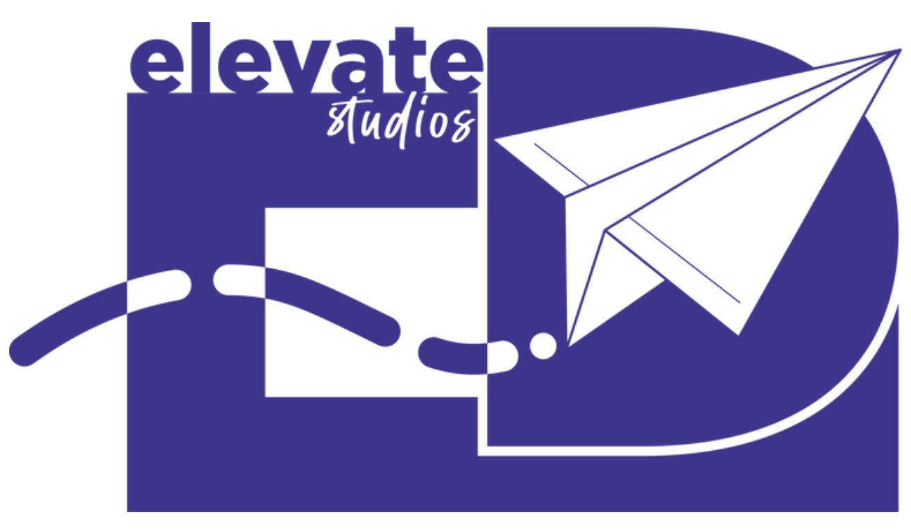 A blue logo for elevate studios with a paper airplane