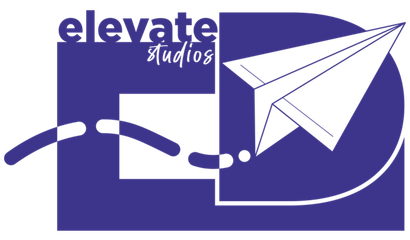 A blue logo for elevate studios with a paper airplane