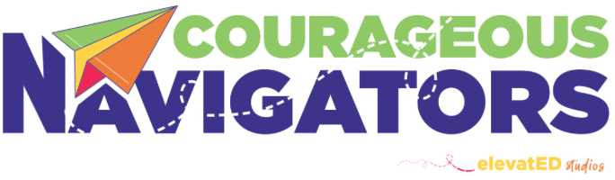 A logo for courageous navigators with a colorful arrow