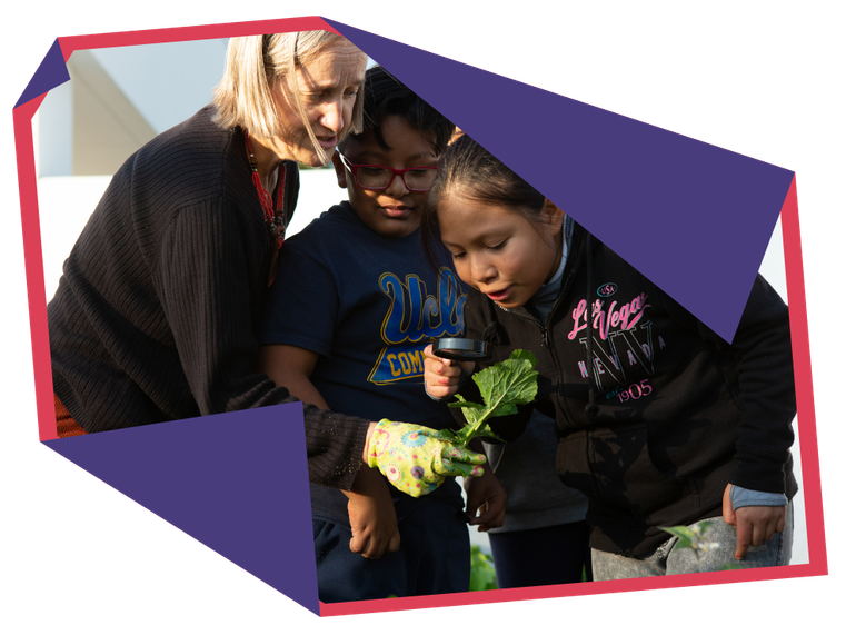 A woman and two children are looking at a plant