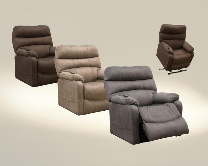 Four modern reclining chairs in brown, beige, and gray on a light background.