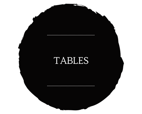 Black circular sign with the word “TABLES” in white text.