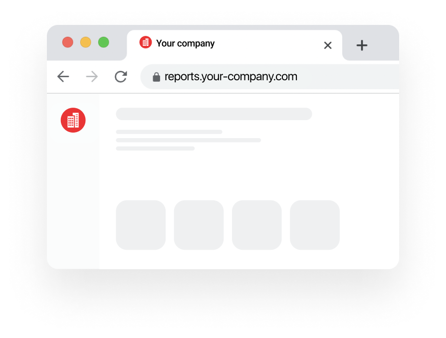 Ventana del navegador web que muestra una página de informes en reports.your-company.com. Incluye el logotipo de la empresa y cuatro bloques de contenido.