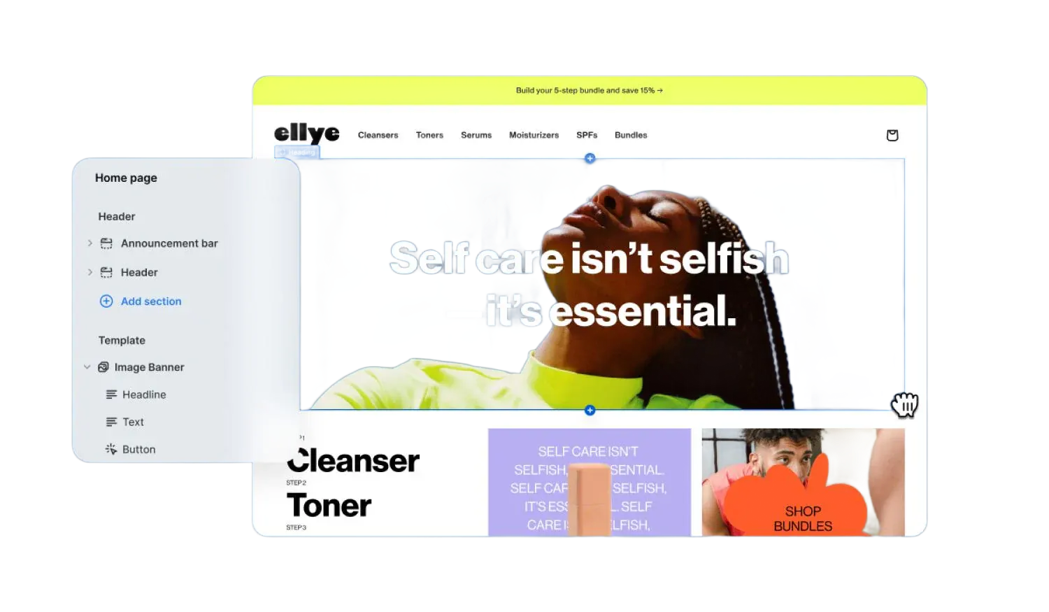 Interfaz de sitio web que muestra productos para el cuidado de la piel con la imagen de una persona y el texto: 