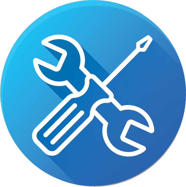 A blue circle with a wrench and screwdriver in it.