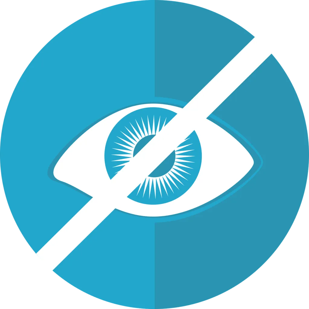 A blue circle with a white eye and a cross through it.