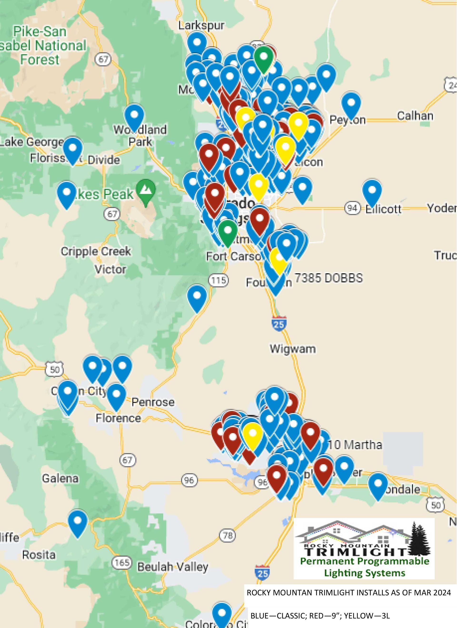 Serving Southern Colorado A map of the Southern Colorado showing services areas for permanent lighting