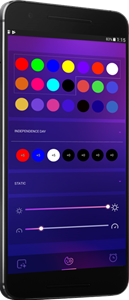 A cell phone with a purple background and a bunch of circles on it