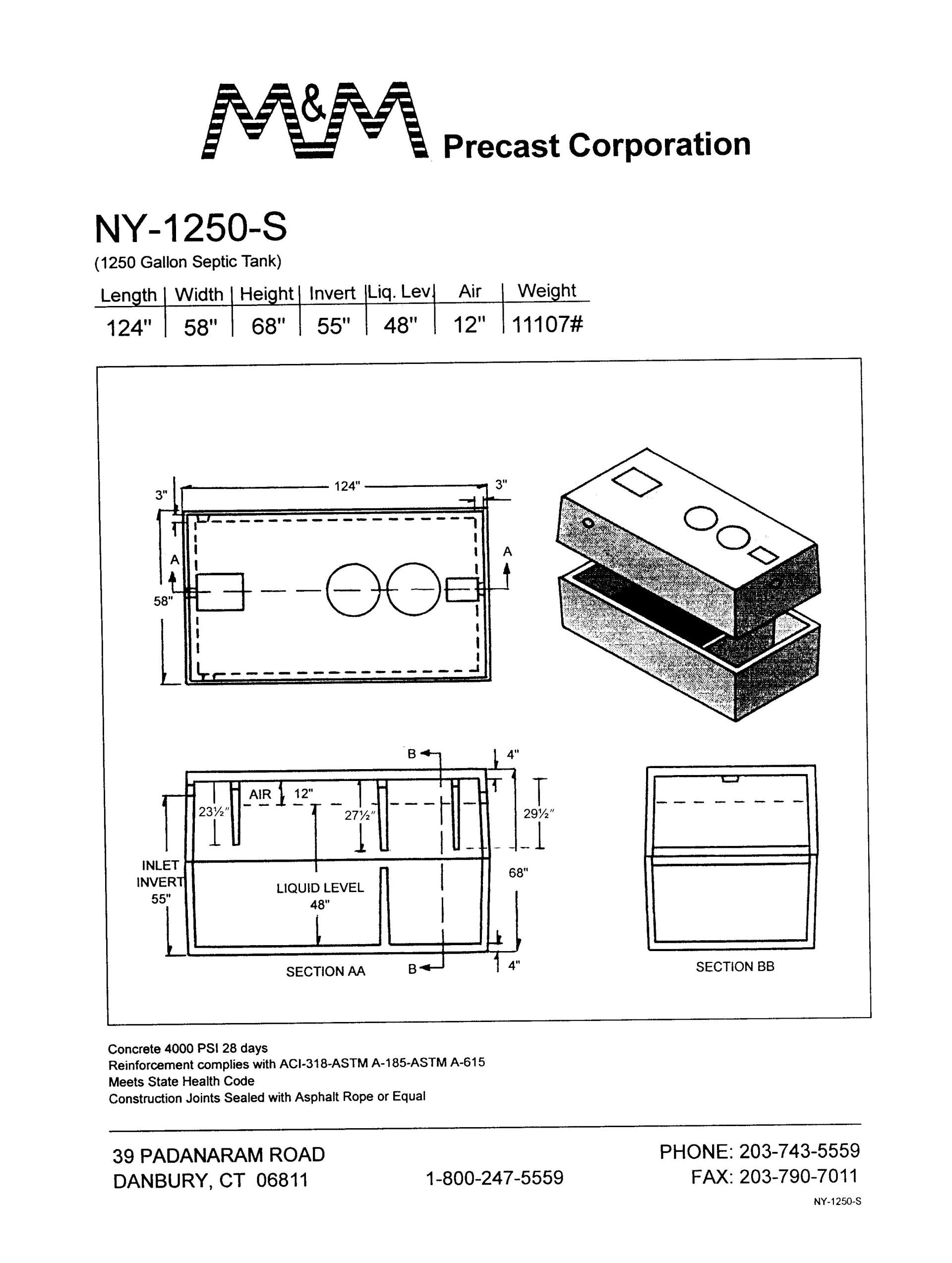 1251 Gallon Septic Tank — Danbury, CT — M & M Precast Corp.
