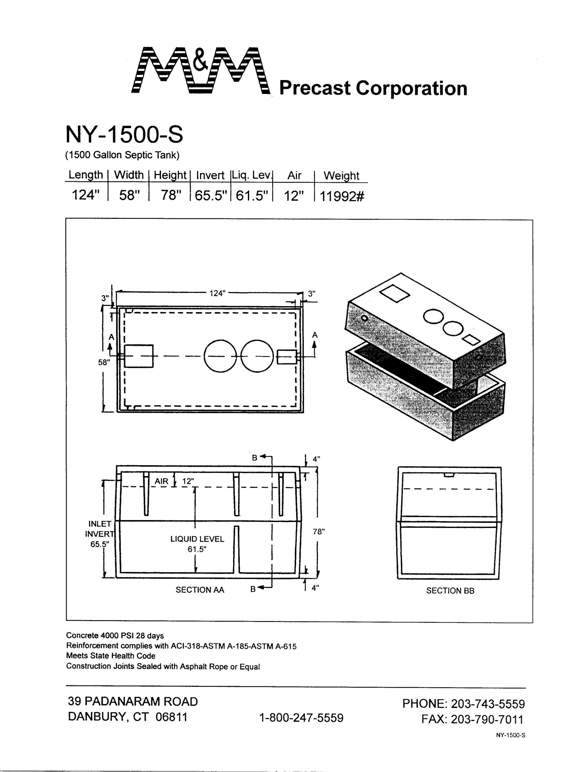 1501 Gallon Septic Tank — Danbury, CT — M & M Precast Corp.