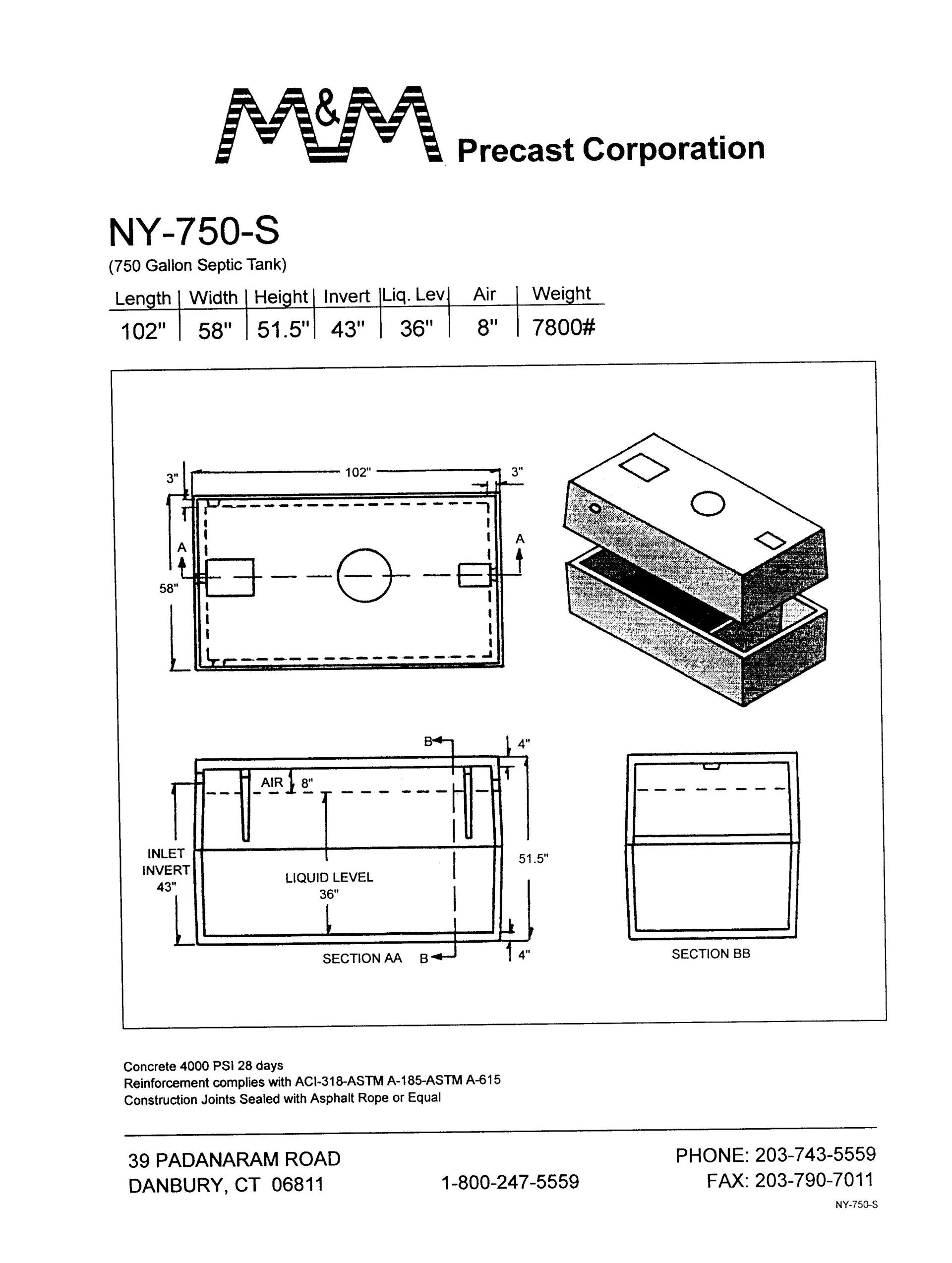 750 Gallon Septic Tank — Danbury, CT — M & M Precast Corp.
