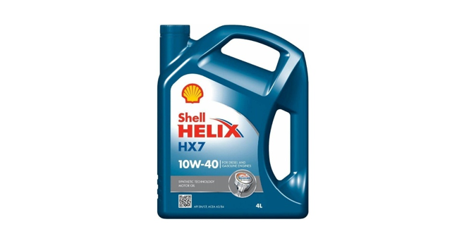 Envase de aceite de motor Shell Helix HX7 10W-40 de color azul, con asa y el logotipo de Shell.