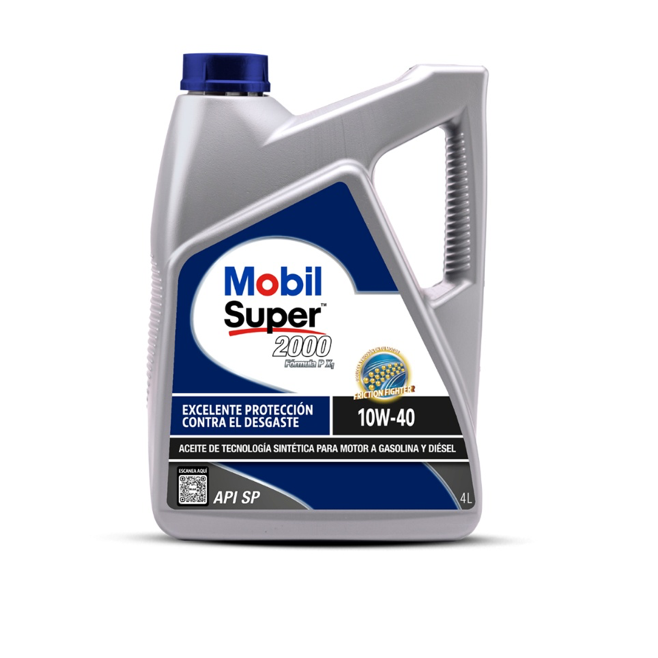 Envase de aceite de motor Mobil Super 2000, gris y azul, con asa y marcado de grado 10W-40.