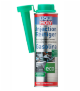 Una lata de aditivo de combustible Liqui Moly Injection Reiniger, con una boquilla verde adjunta.
