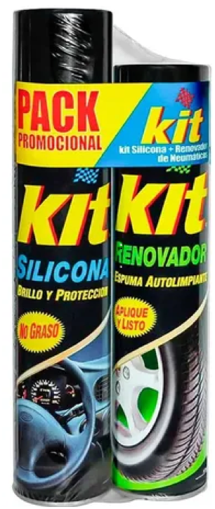 Dos productos para el cuidado del coche: silicona y renovador de neumáticos. Los envases son de color negro, azul, amarillo y verde. Vienen juntos.