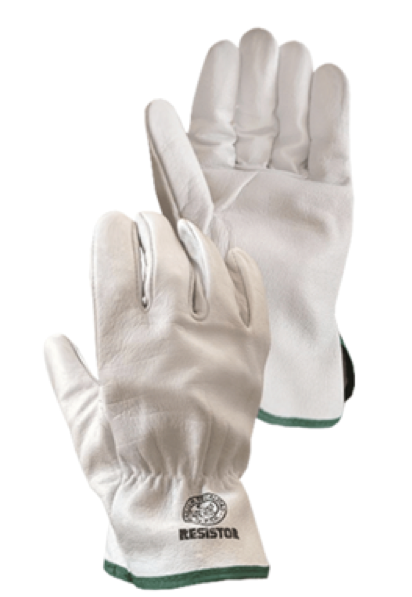 Guantes de trabajo de piel blanca con ribete verde.